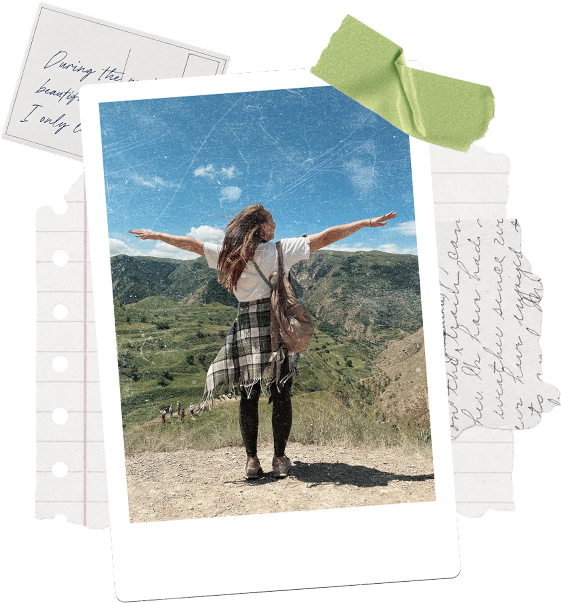A polaroid of a traveller with her arms outstretched, taped over torn notebook pages